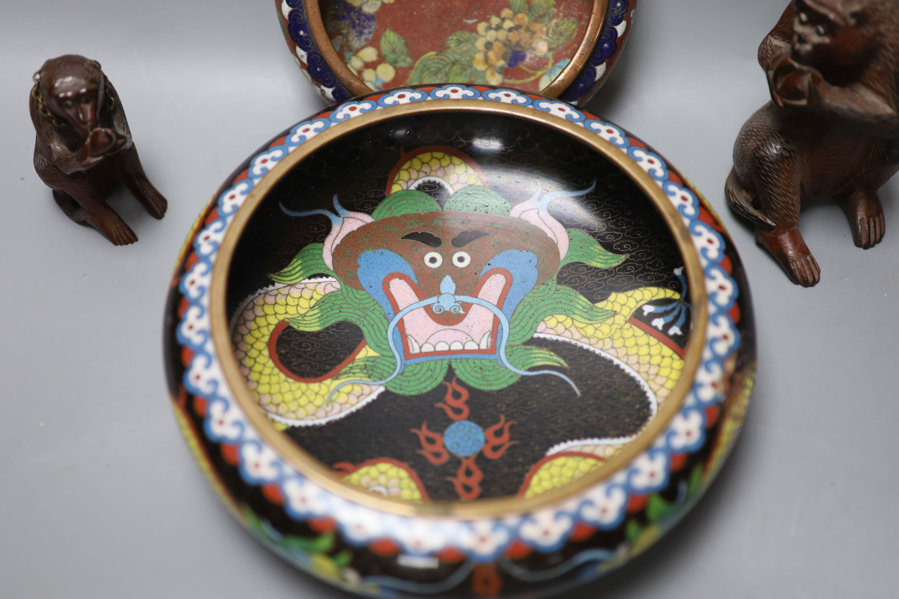 Two Chinese cloisonne enamel censers and two carved wood monkeys, largest diameter 20cm